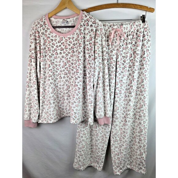 Sleep Sense Womens Pajamas Size Large Pink Hearts Soft Fleece Lounge Set PJs - Picture 1 of 11